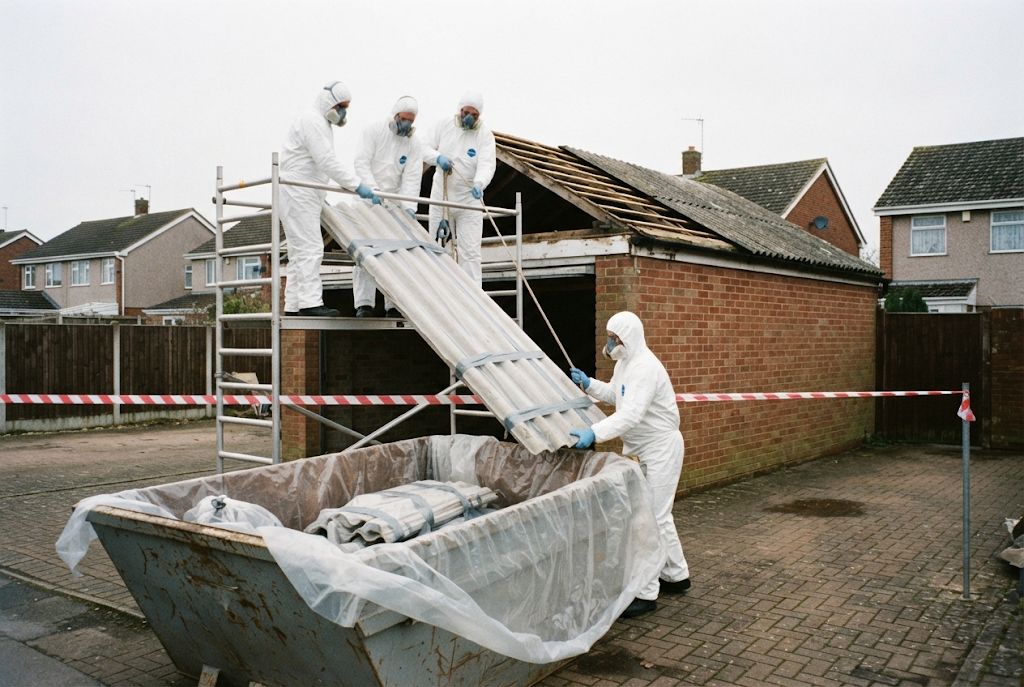 Operatives lowering asbestos cement roof sheets into a lined skip